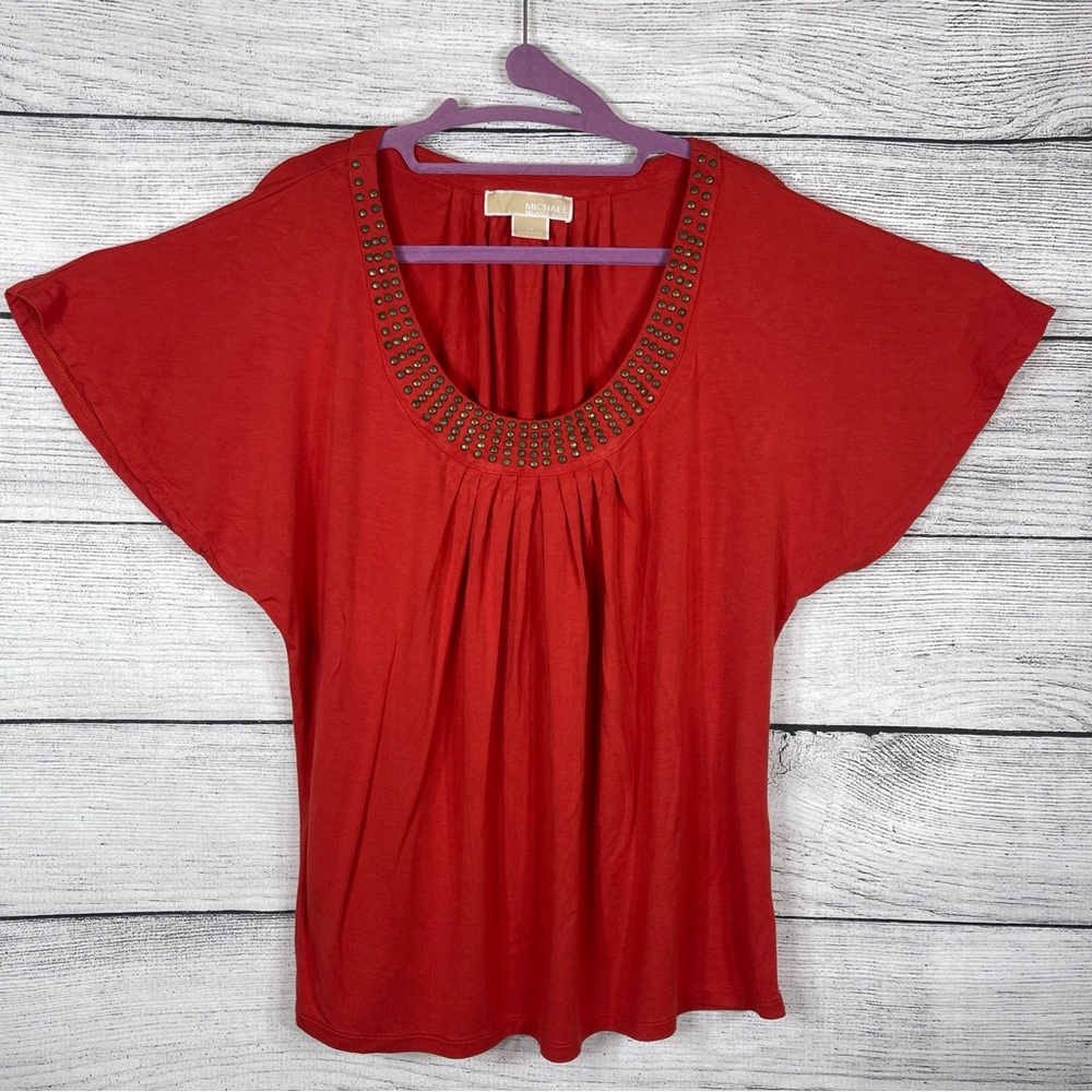Michael Kors Red Orange Pleated with Studded Neck Flowy Top Sz Lg